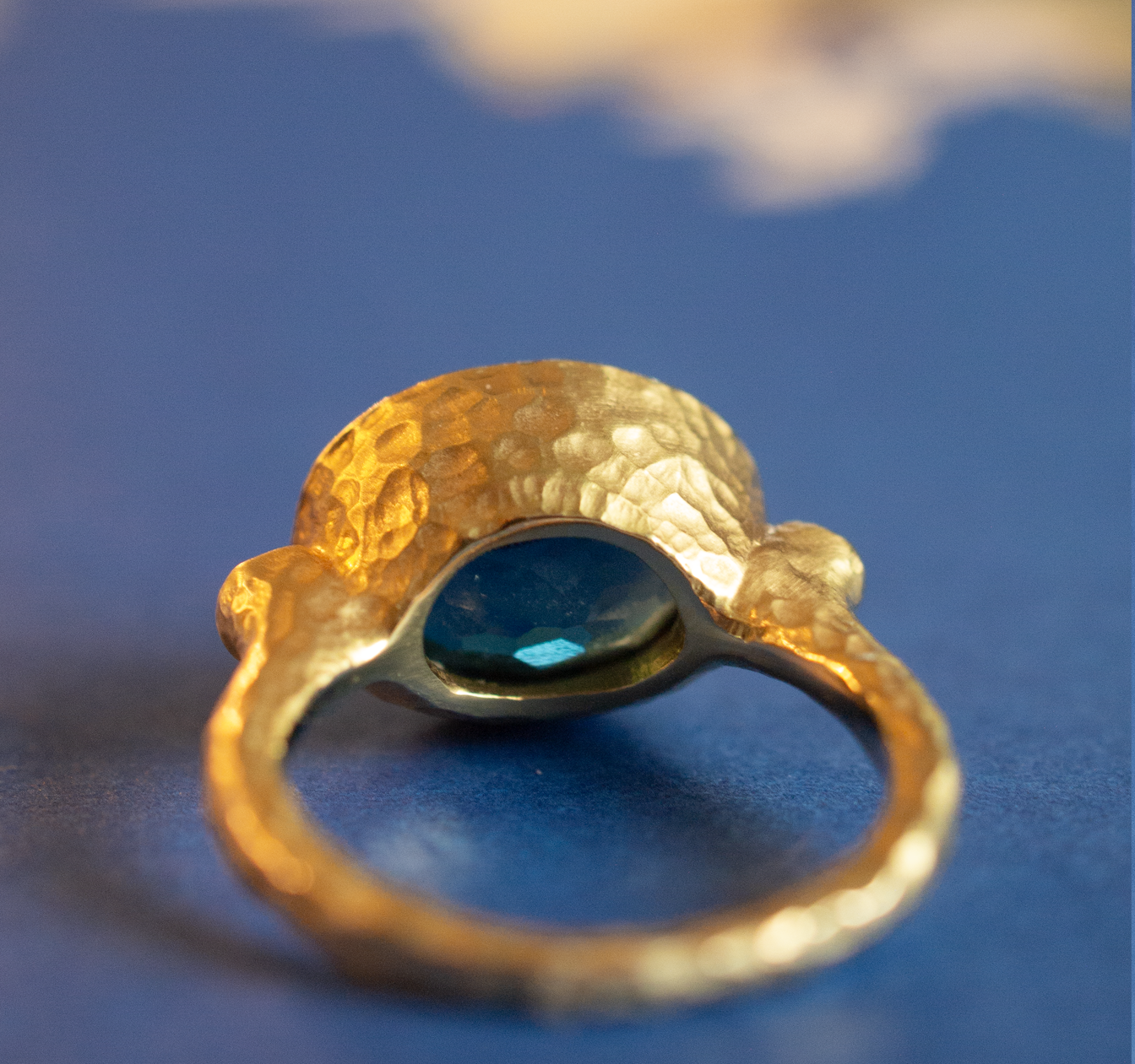 London Blue Topaz and diamond hand hammered 14k gold ring