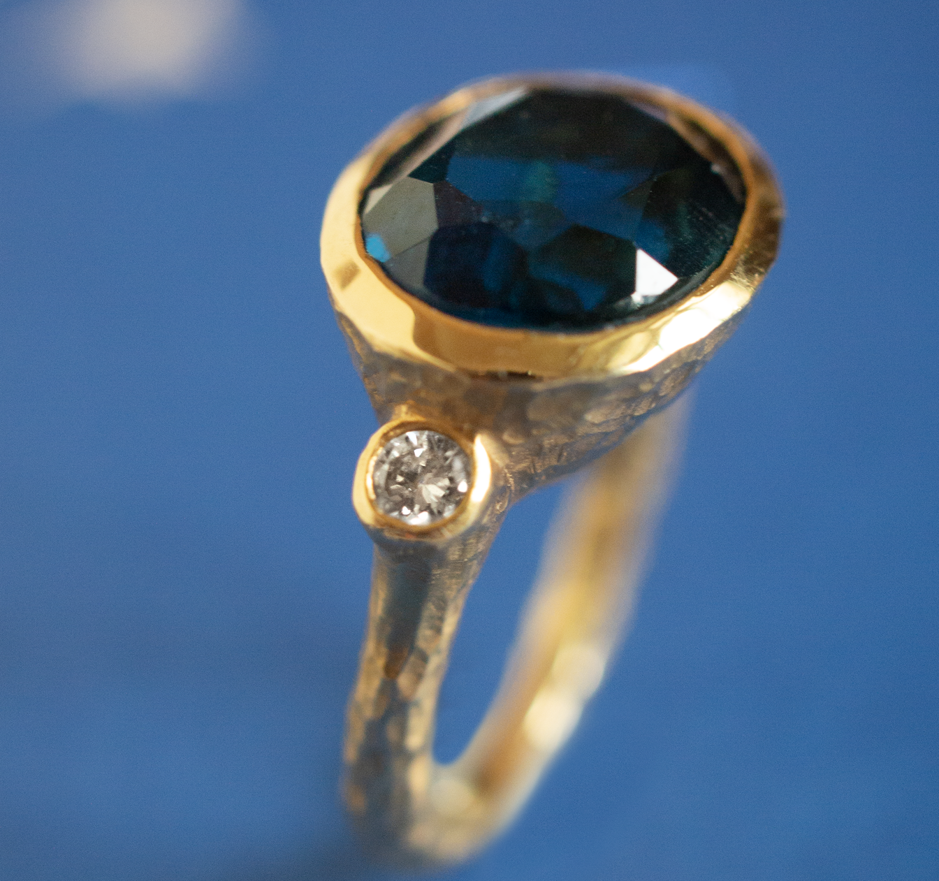 London Blue Topaz and diamond hand hammered 14k gold ring