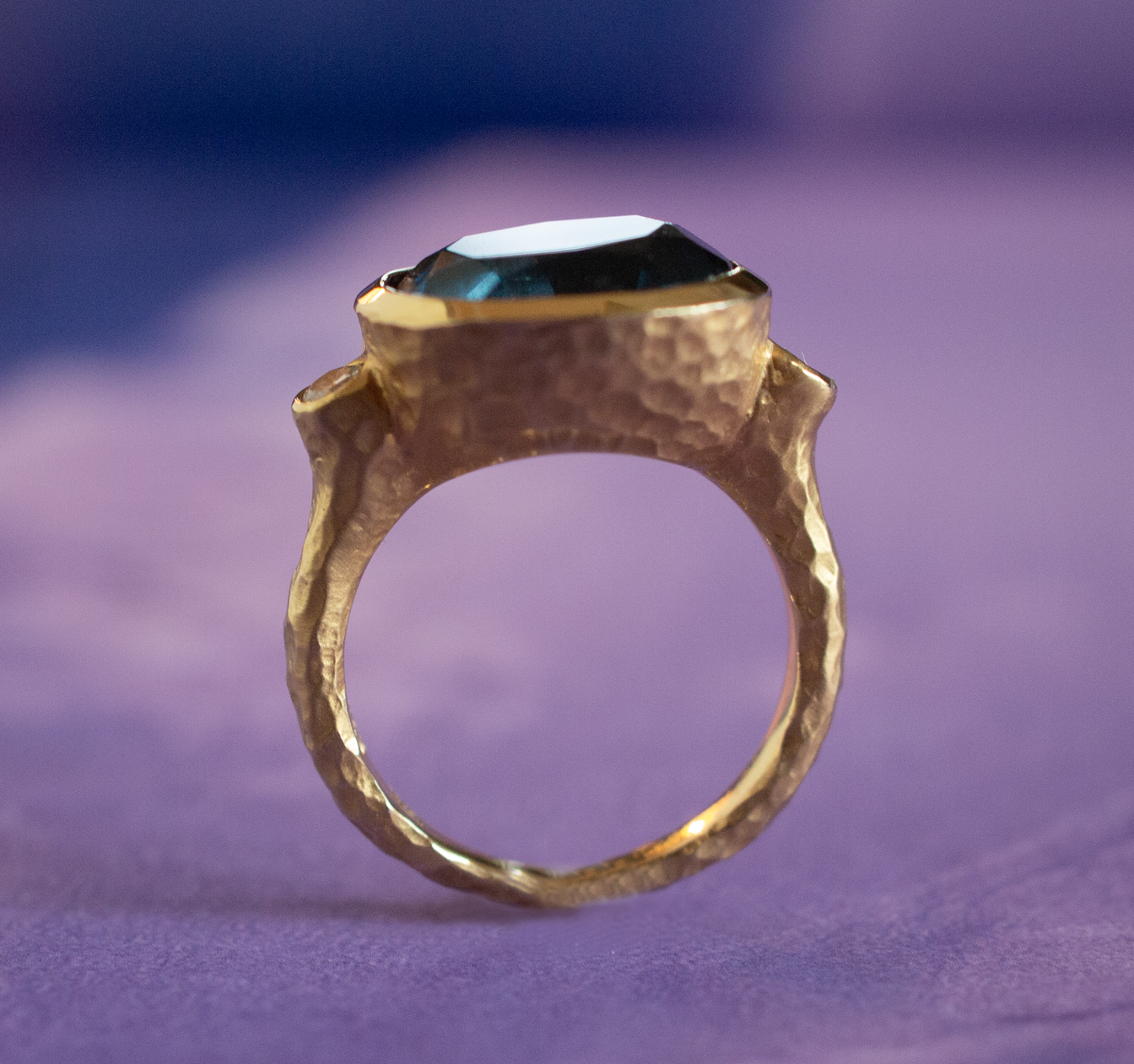 London Blue Topaz and diamond hand hammered 14k gold ring