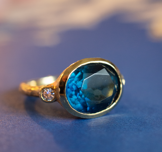 London Blue Topaz and diamond hand hammered 14k gold ring