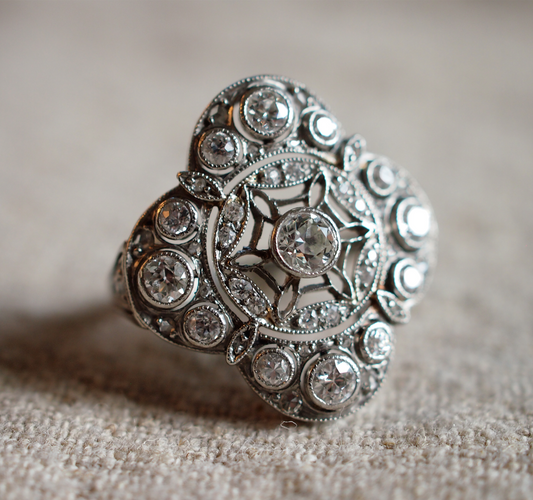 Antique Edwardian/Art Deco Platinum Old European Diamond Filigree Dinner Ring