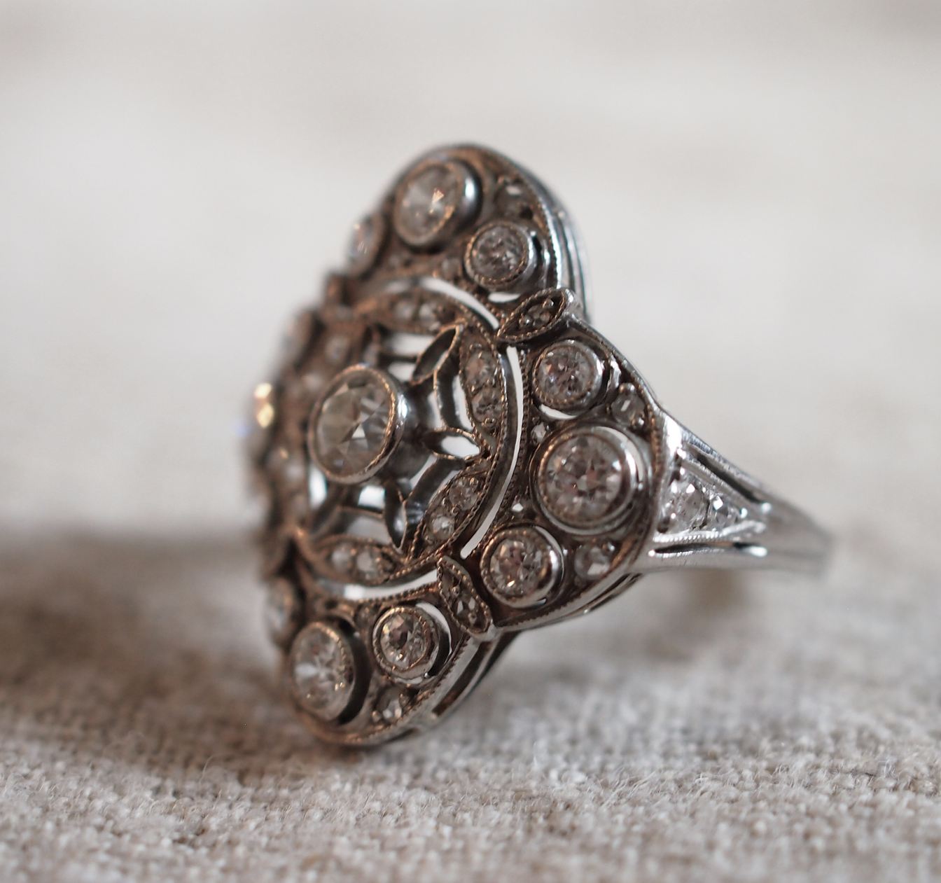 Antique Edwardian/Art Deco Platinum Old European Diamond Filigree Dinner Ring