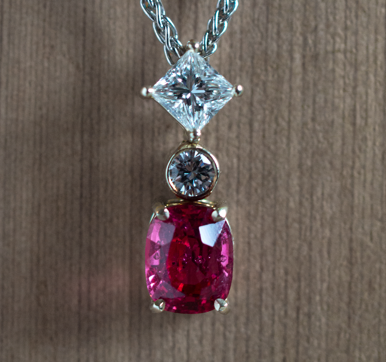 18kt White Gold, Pink Spinel, and Diamond Pendant